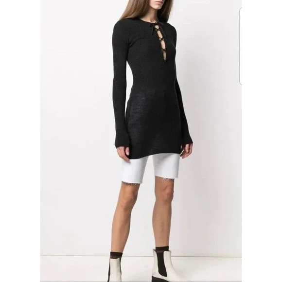 GANNI Black Ribbed Merino Wool Lace Up V Neck Tunic Top Dress Women's Size M - Picture 2 of 13
